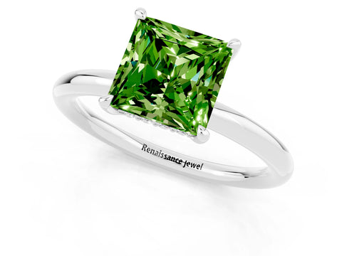 White gold Princess Cut Peridot Solitaire Ring with Thin Band and Four-Prong Setting_13