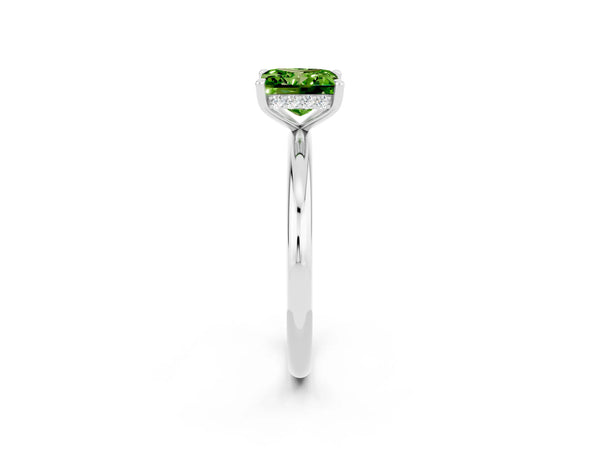 Platinum Princess Cut Peridot Solitaire Ring with Thin Band and Four-Prong Setting