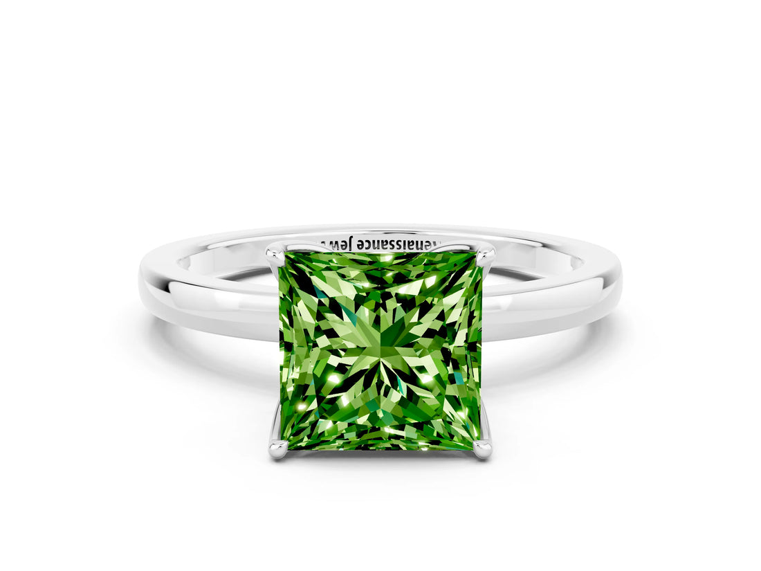 White gold Princess Cut Peridot Solitaire Ring with Thin Band and Prong Setting_12