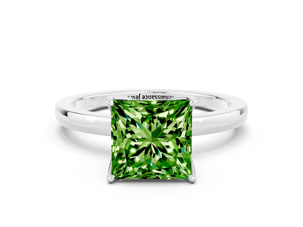 White gold Princess Cut Peridot Solitaire Ring with Thin Band and Prong Setting