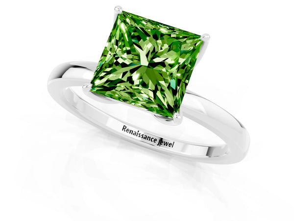 Silver Princess Cut Peridot Solitaire Ring with Thin Band and Prong Setting