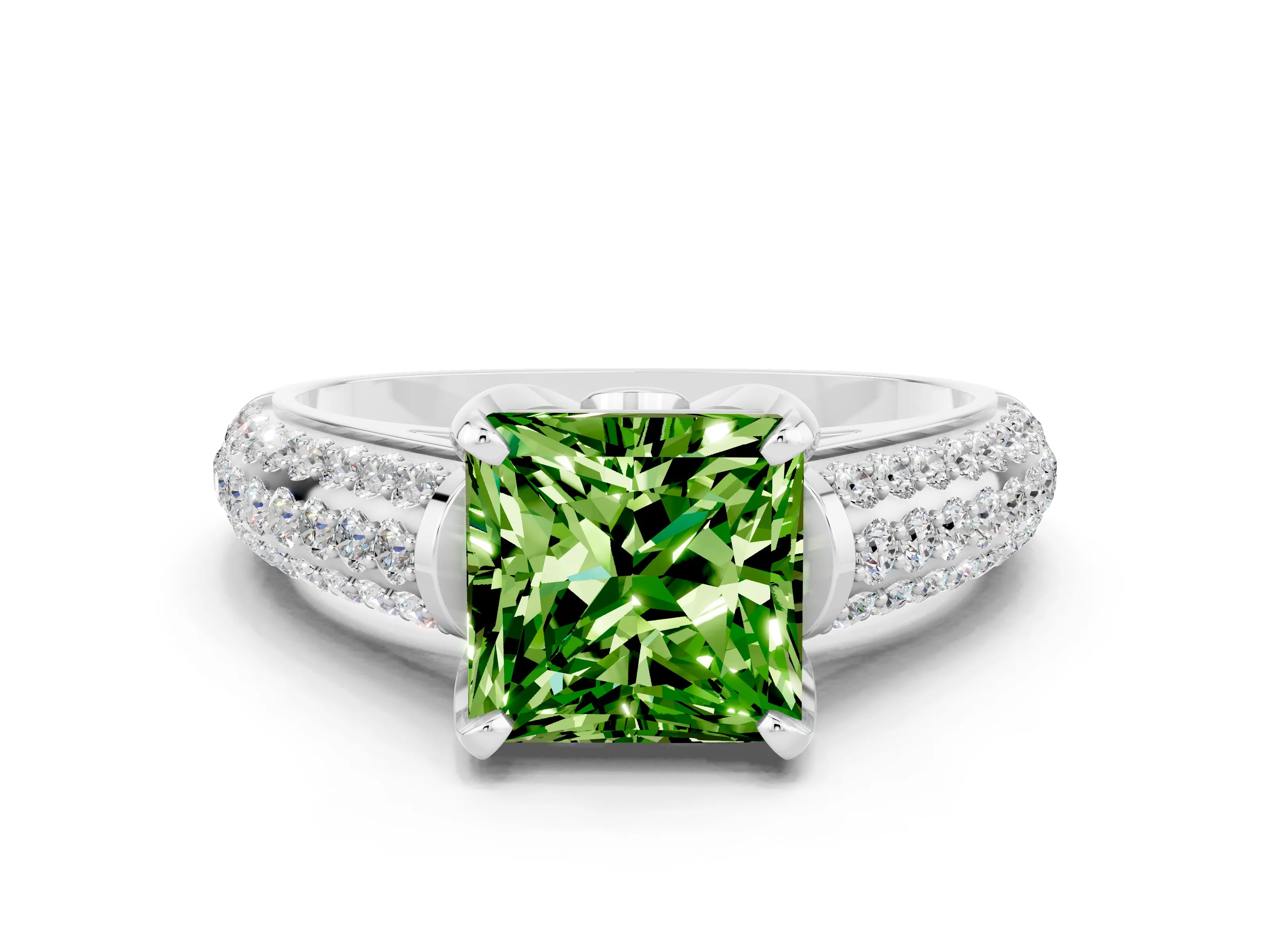 White gold Princess Cut Peridot Solitaire Ring with Three-Row Pavé Band and Four-Prong Setting_12