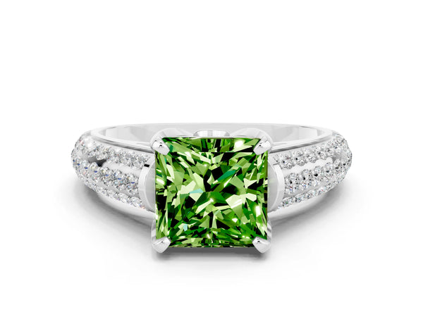 White gold Princess Cut Peridot Solitaire Ring with Three-Row Pavé Band and Four-Prong Setting