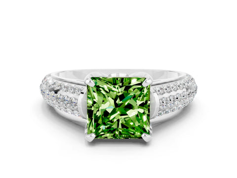 White gold Princess Cut Peridot Solitaire Ring with Three-Row Pavé Band and Four-Prong Setting_12