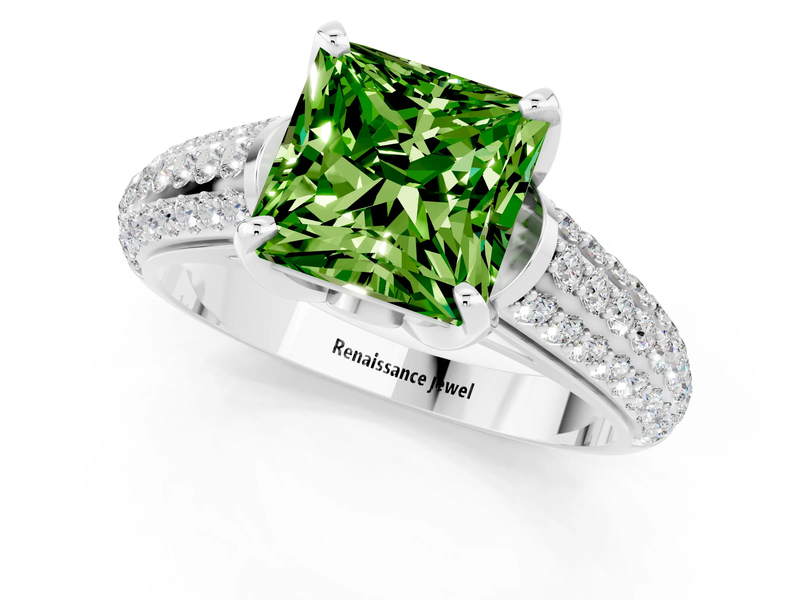 White gold Princess Cut Peridot Solitaire Ring with Three-Row Pavé Band and Four-Prong Setting_13