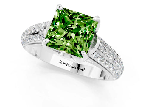White gold Princess Cut Peridot Solitaire Ring with Three-Row Pavé Band and Four-Prong Setting_13