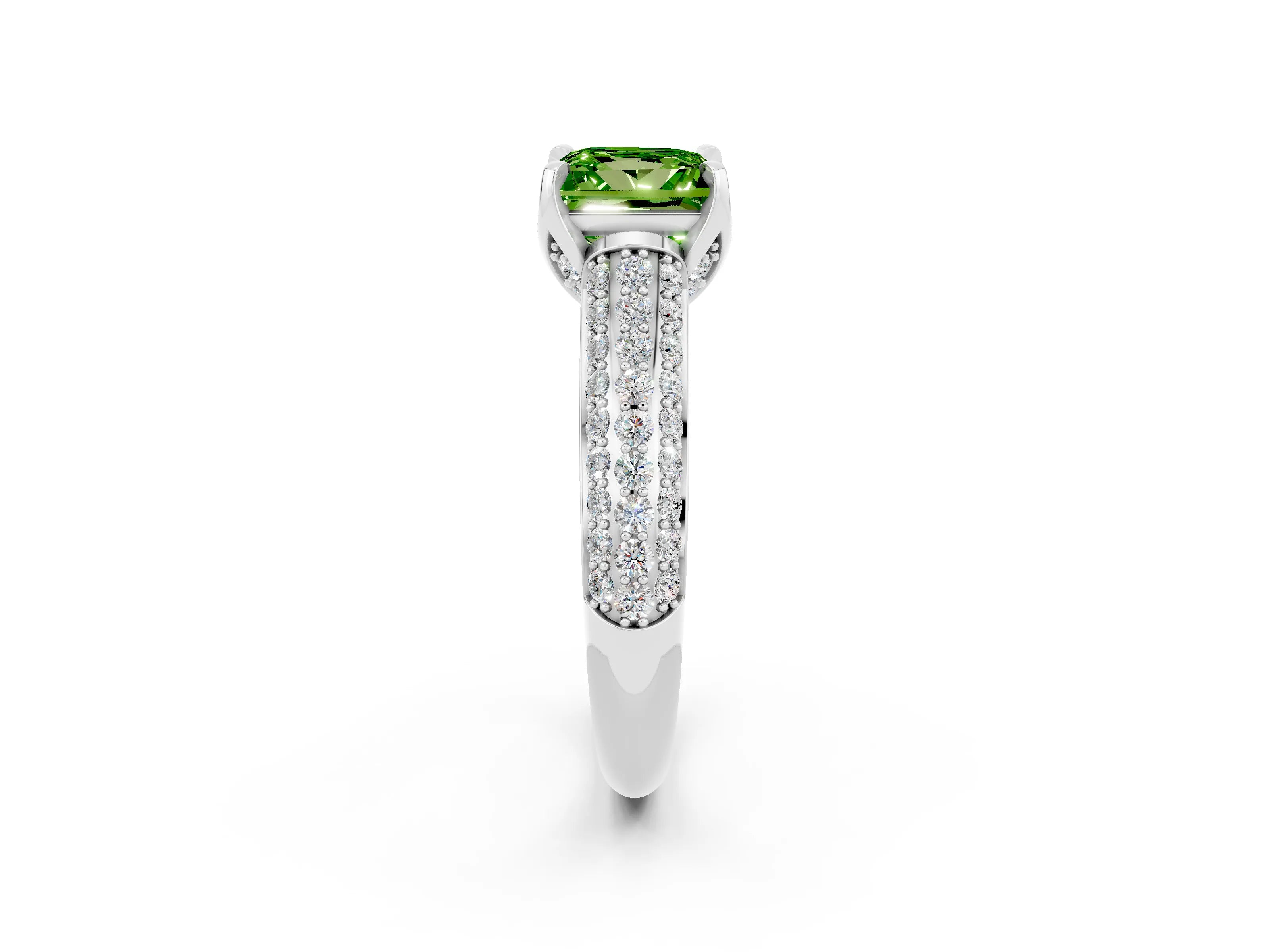 White gold Princess Cut Peridot Solitaire Ring with Three-Row Pavé Band and Four-Prong Setting_14