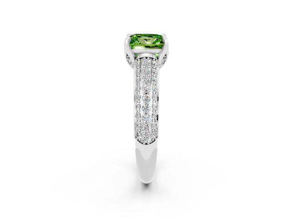 White gold Princess Cut Peridot Solitaire Ring with Three-Row Pavé Band and Four-Prong Setting