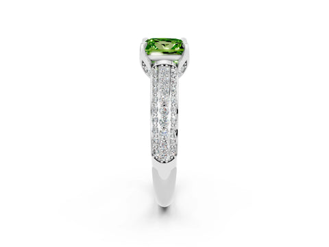 White gold Princess Cut Peridot Solitaire Ring with Three-Row Pavé Band and Four-Prong Setting_14