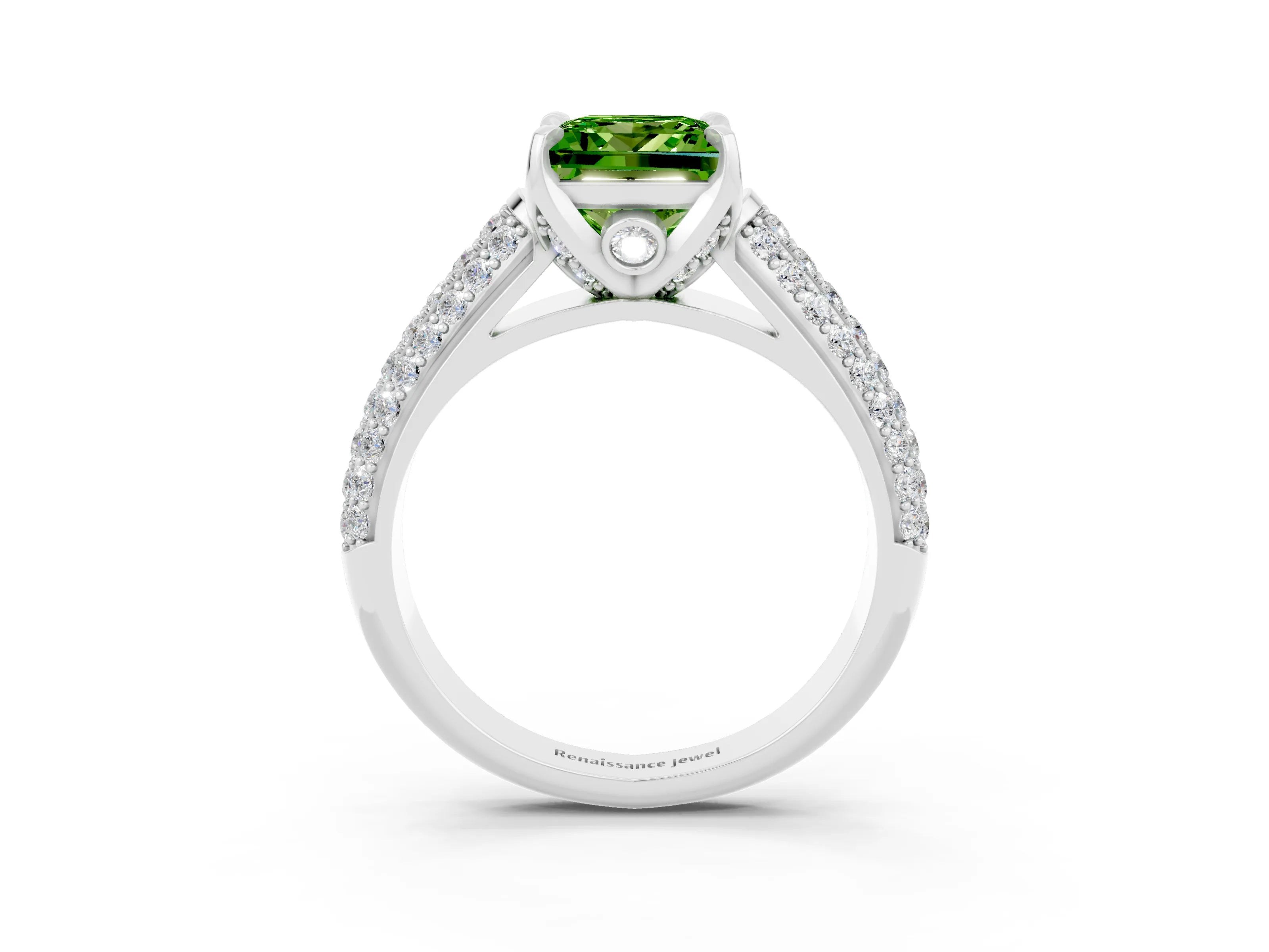 White gold Princess Cut Peridot Solitaire Ring with Three-Row Pavé Band and Four-Prong Setting_15