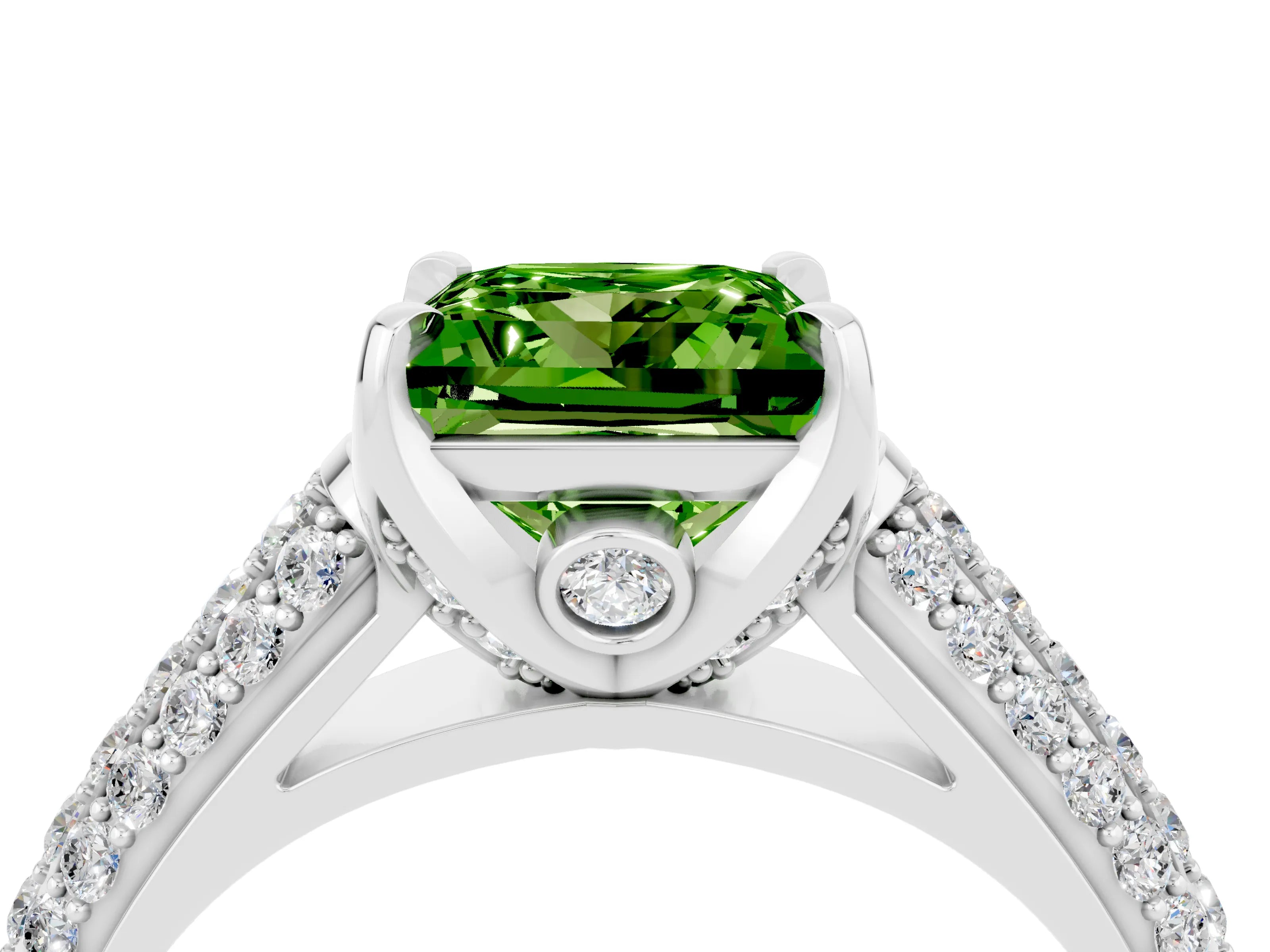 White gold Princess Cut Peridot Solitaire Ring with Three-Row Pavé Band and Four-Prong Setting_16