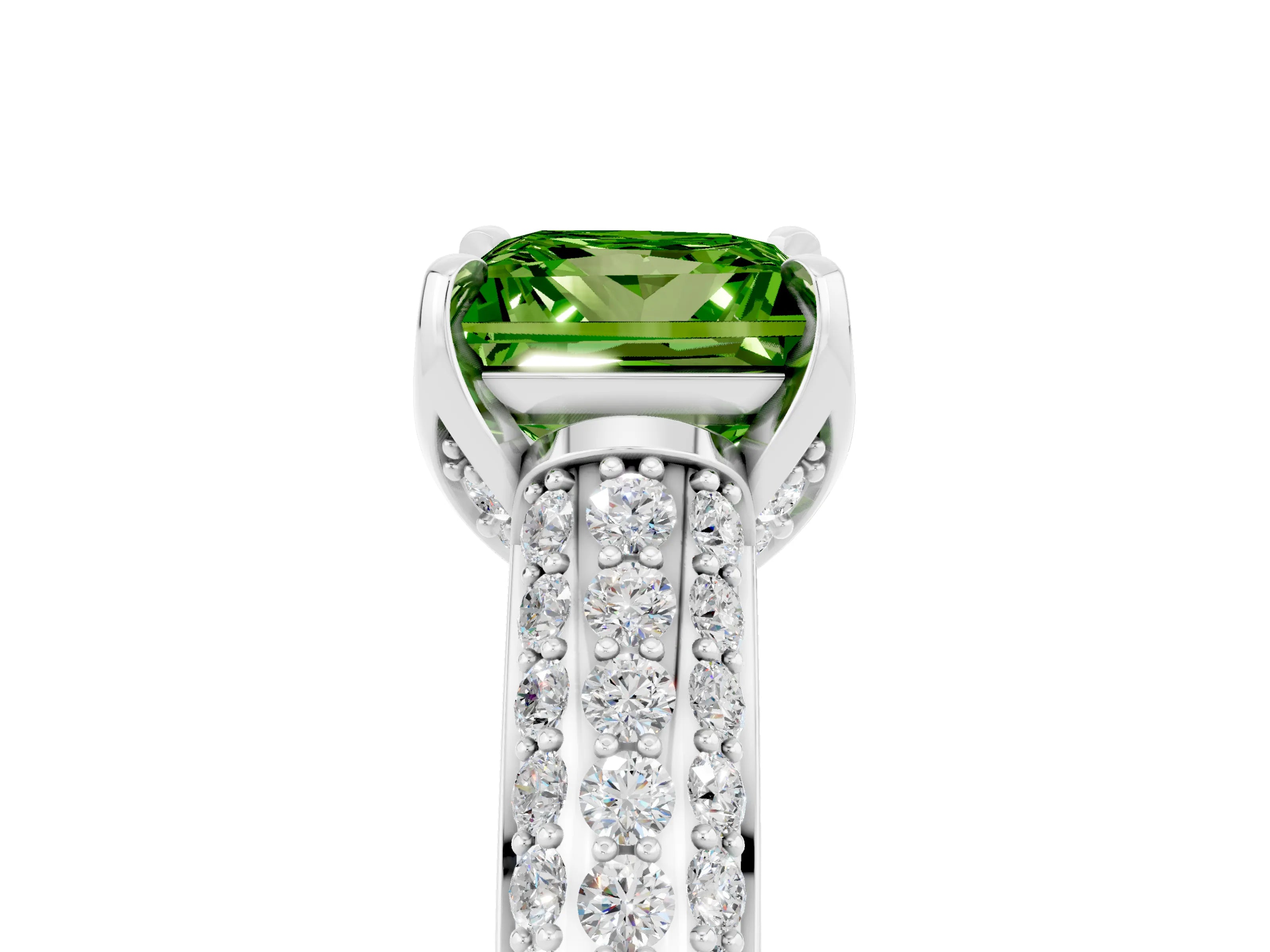 White gold Princess Cut Peridot Solitaire Ring with Three-Row Pavé Band and Four-Prong Setting_17