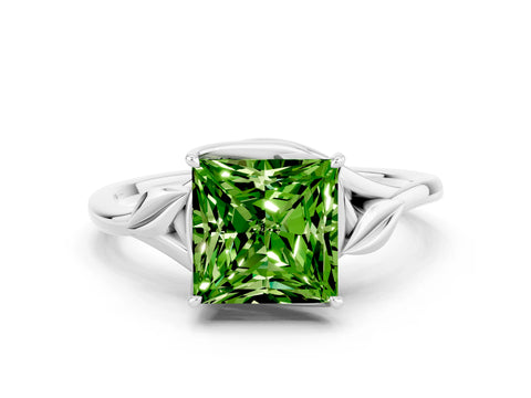 White gold Princess Cut Peridot Solitaire Ring with Twist Band and Four-Prong Setting_12