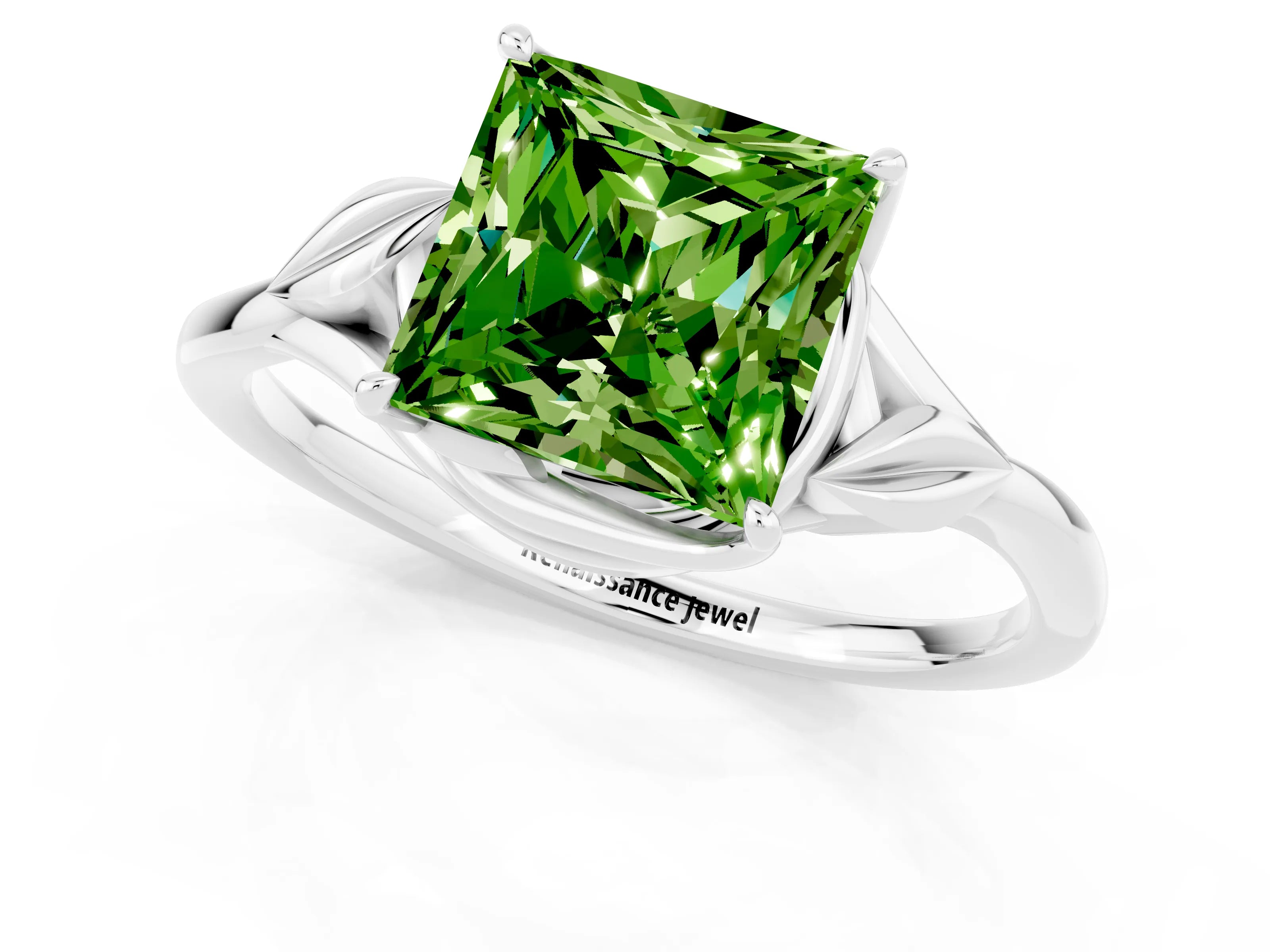 White gold Princess Cut Peridot Solitaire Ring with Twist Band and Four-Prong Setting_13