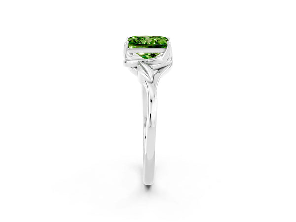 Platinum Princess Cut Peridot Solitaire Ring with Twist Band and Four-Prong Setting