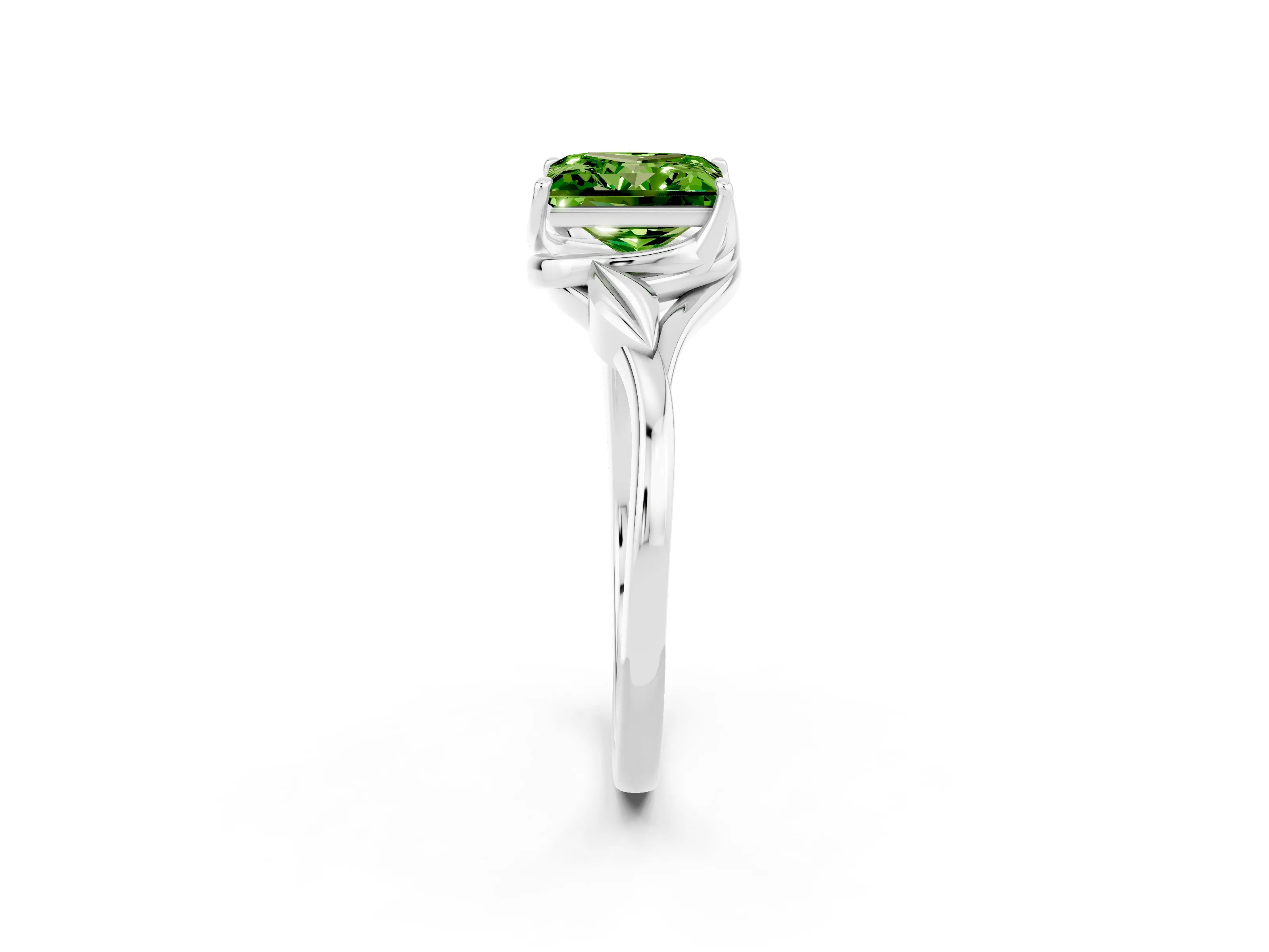 White gold Princess Cut Peridot Solitaire Ring with Twist Band and Four-Prong Setting_14