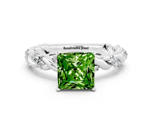 Platinum Princess Cut Peridot Solitaire Ring with Twisted Band and Pavé Accents