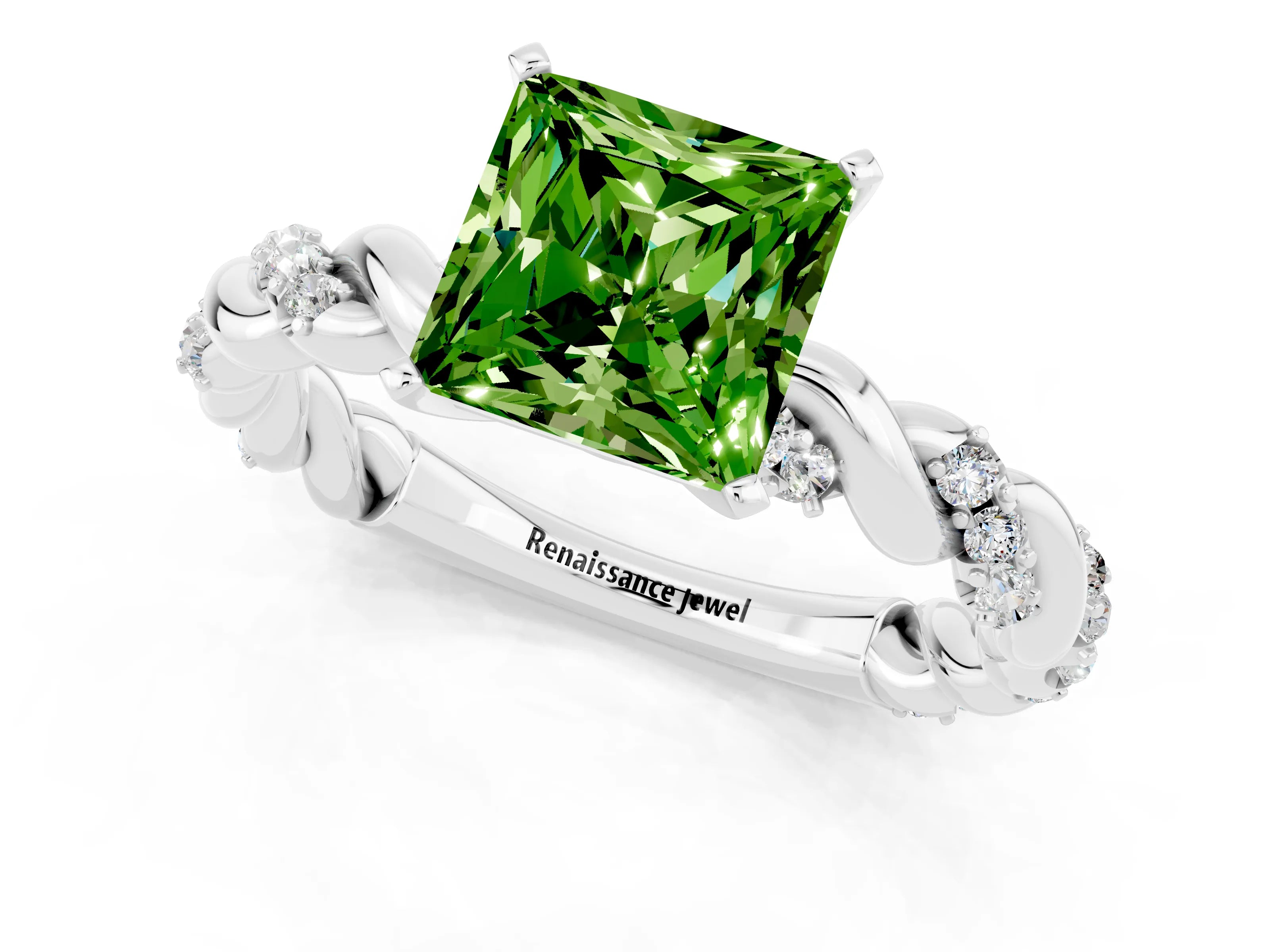 White gold Princess Cut Peridot Solitaire Ring with Twisted Band and Pavé Accents_1