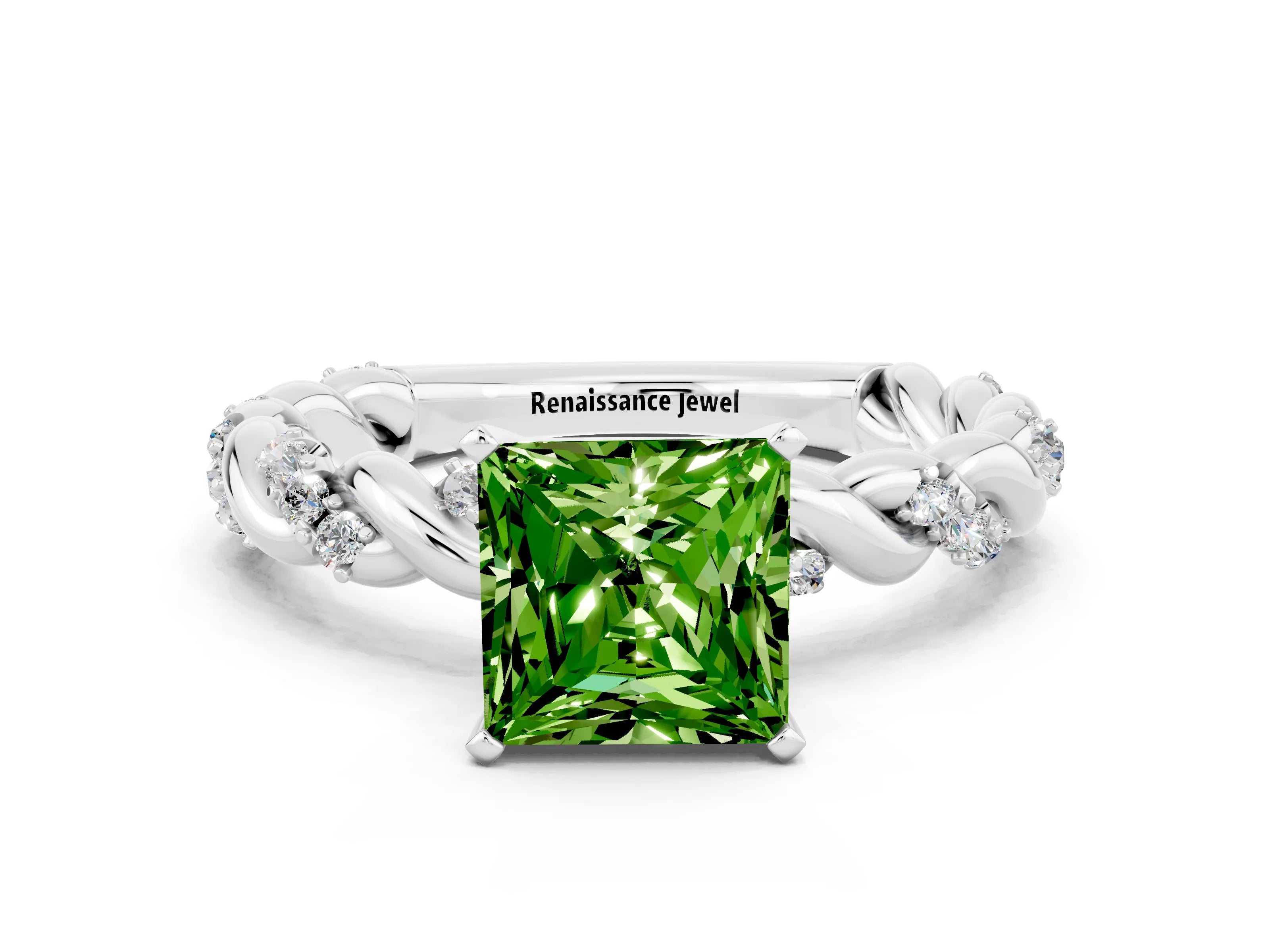 White gold Princess Cut Peridot Solitaire Ring with Twisted Band and Pavé Accents