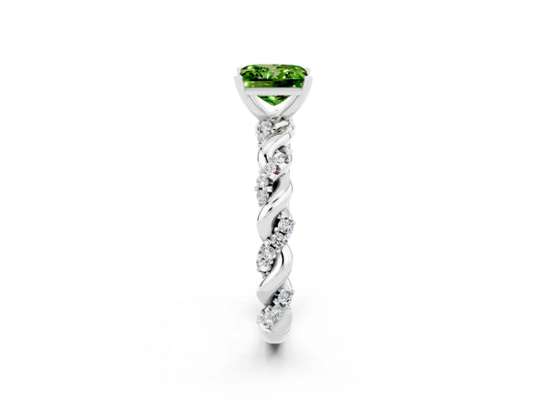 White gold Princess Cut Peridot Solitaire Ring with Twisted Band and Pavé Accents