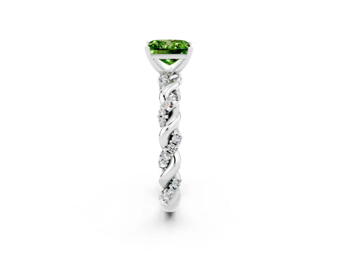 White gold Princess Cut Peridot Solitaire Ring with Twisted Band and Pavé Accents_2