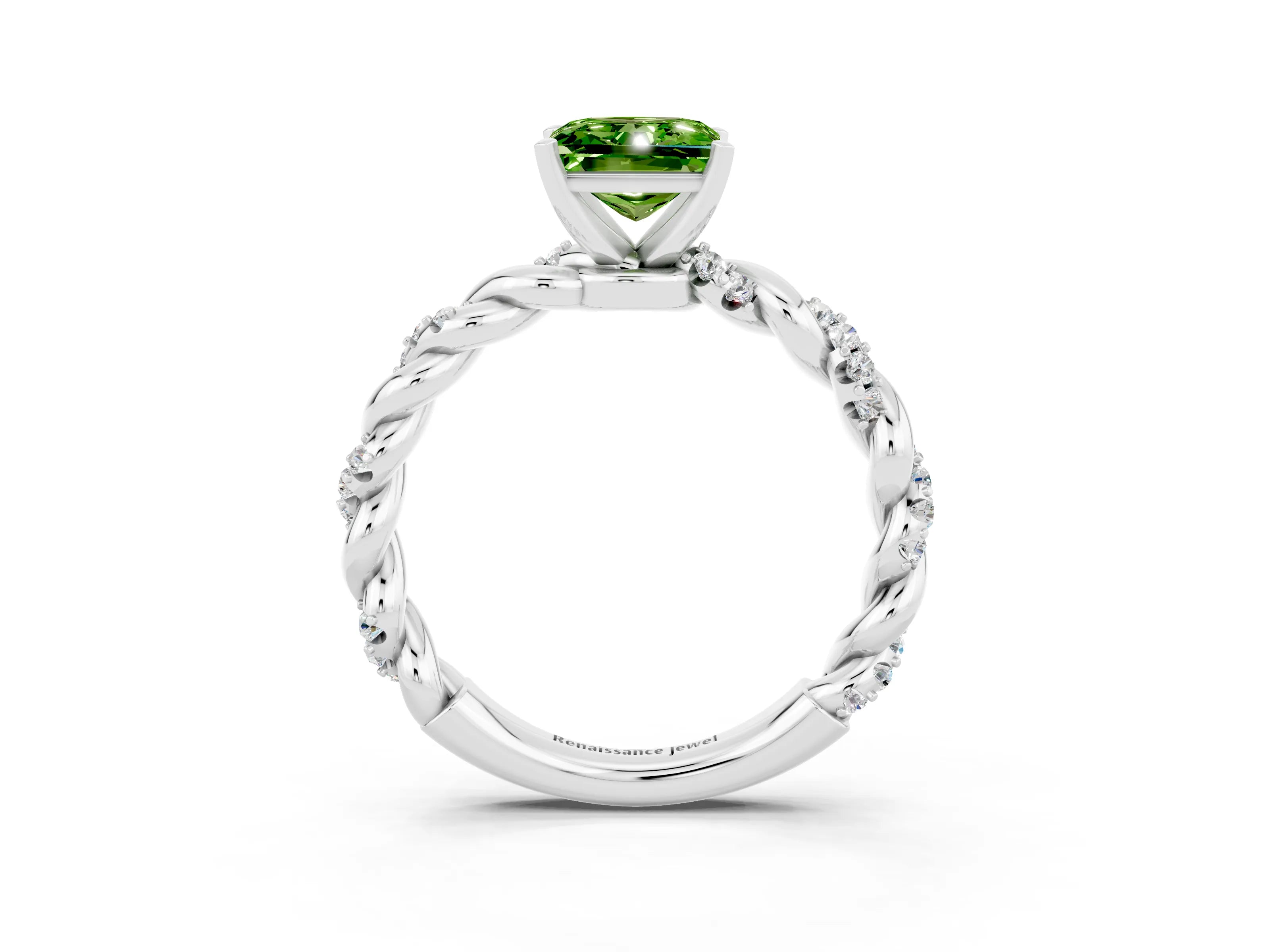 White gold Princess Cut Peridot Solitaire Ring with Twisted Band and Pavé Accents_3