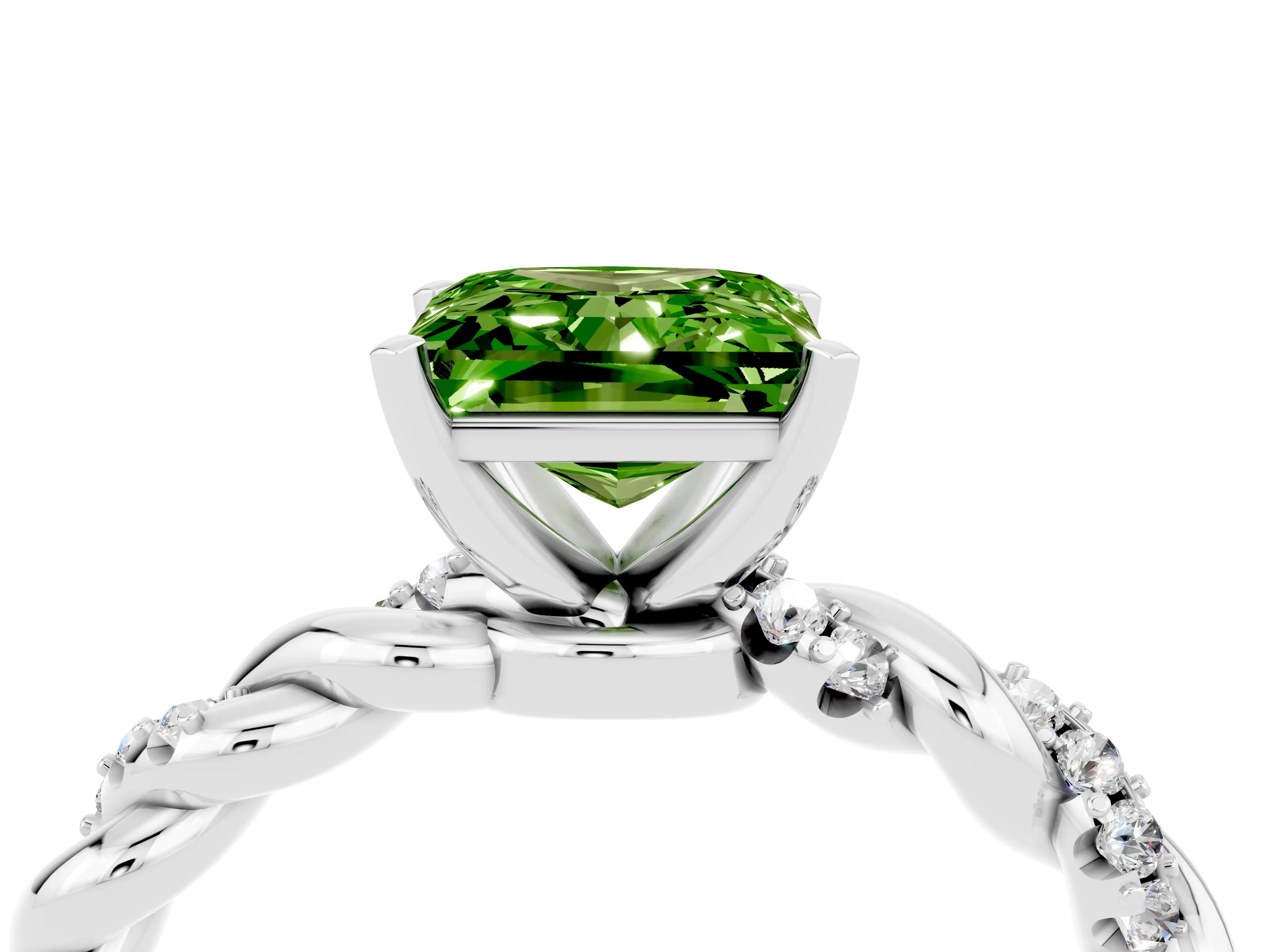 White gold Princess Cut Peridot Solitaire Ring with Twisted Band and Pavé Accents_4