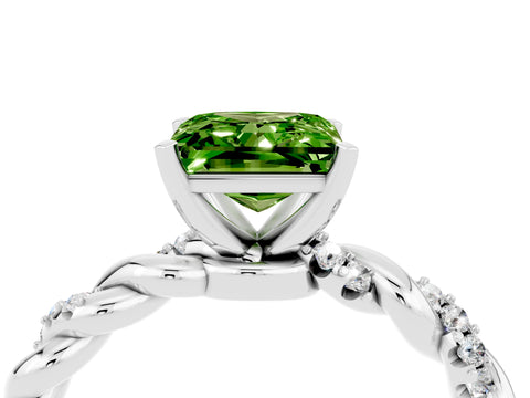 White gold Princess Cut Peridot Solitaire Ring with Twisted Band and Pavé Accents_4