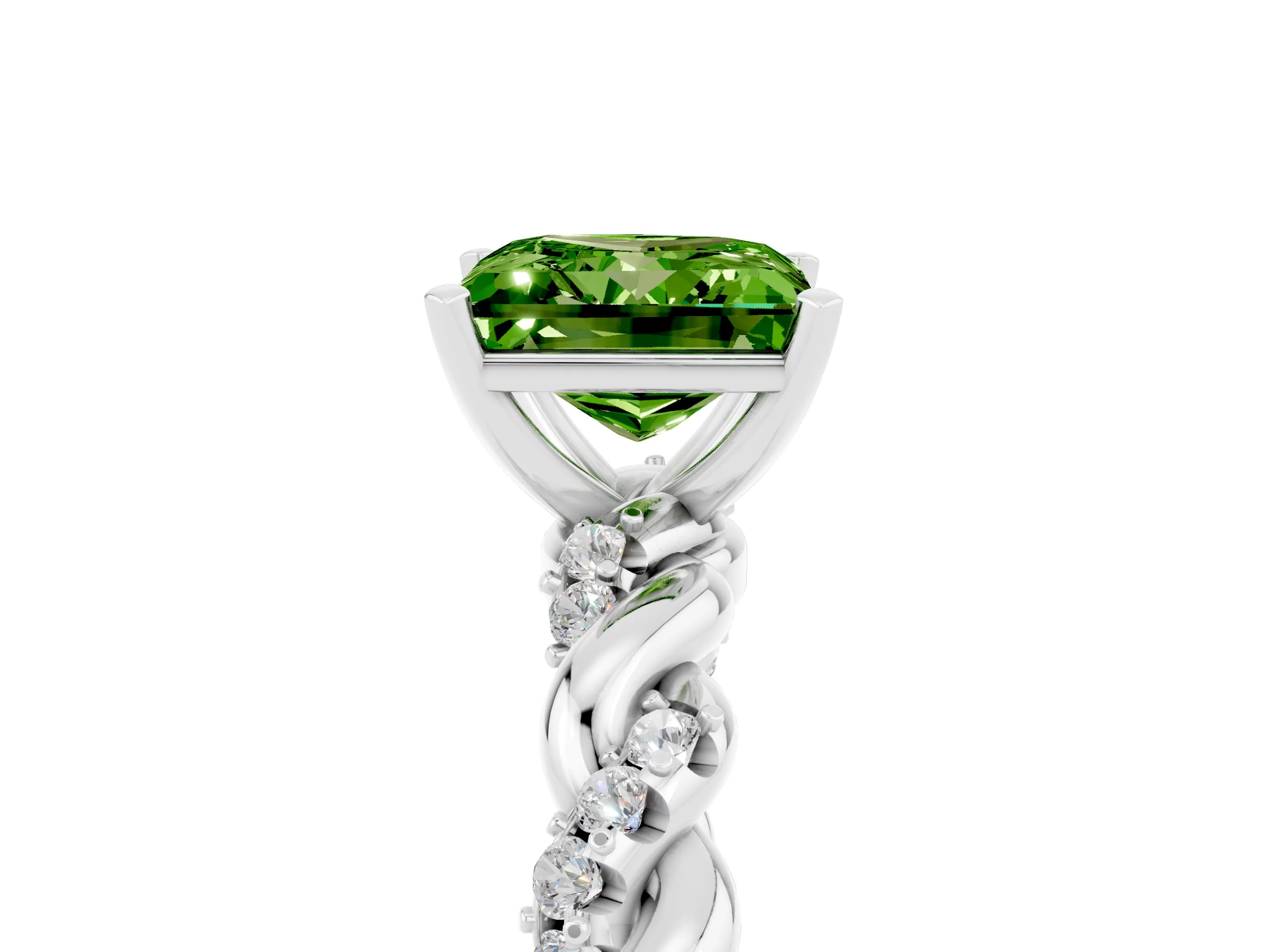 White gold Princess Cut Peridot Solitaire Ring with Twisted Band and Pavé Accents_5