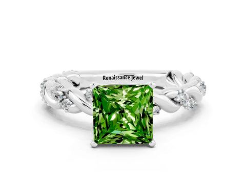 White gold Princess Cut Peridot Solitaire Ring with Twisted Band and Pavé Accents