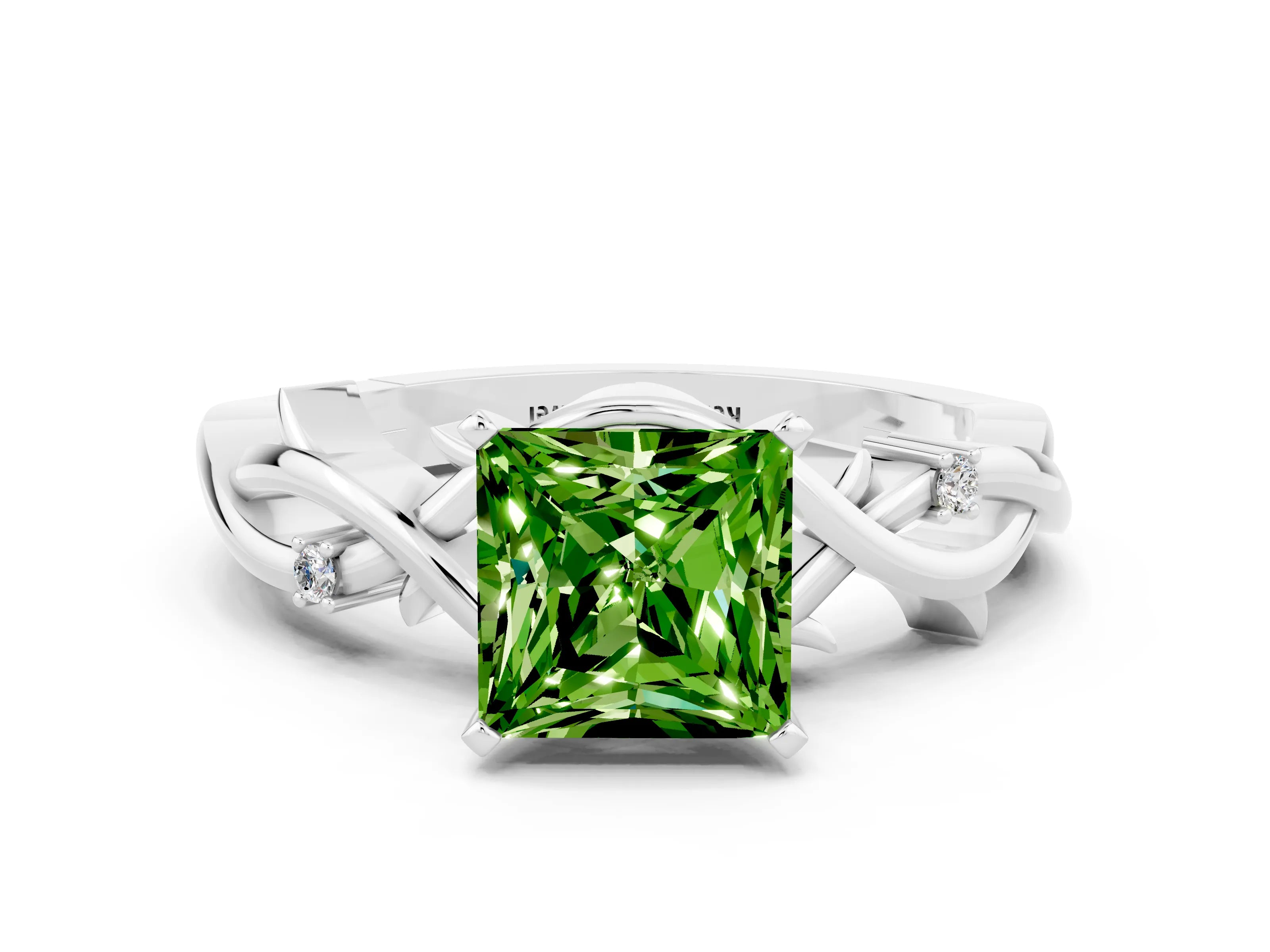 White gold Princess Cut Peridot Solitaire Ring with Twisted Band and Prong Setting_12