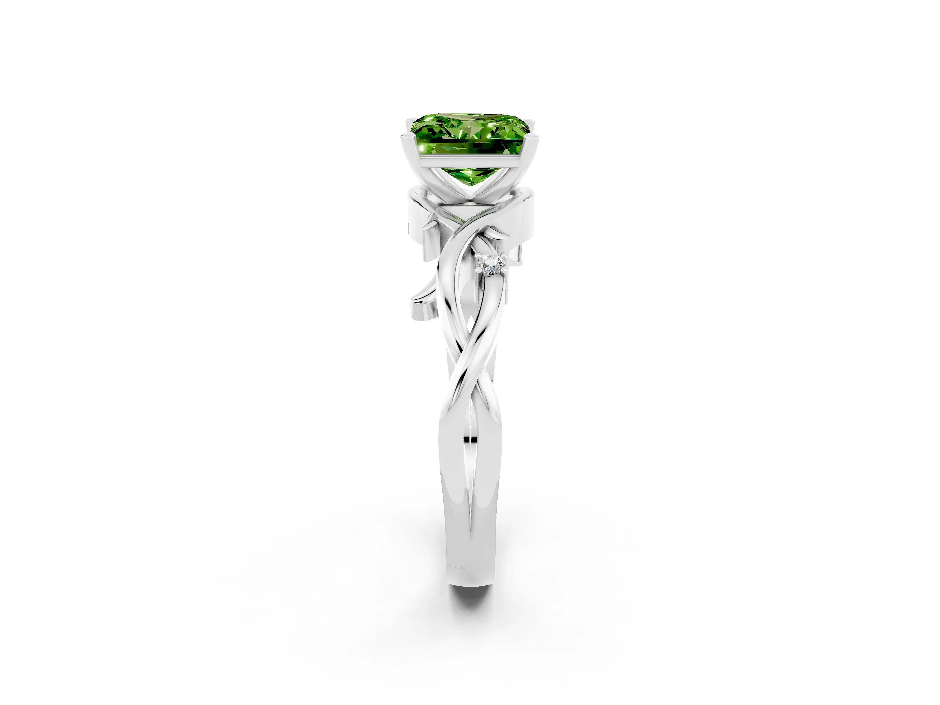 White gold Princess Cut Peridot Solitaire Ring with Twisted Band and Prong Setting_14