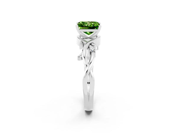 White gold Princess Cut Peridot Solitaire Ring with Twisted Band and Prong Setting