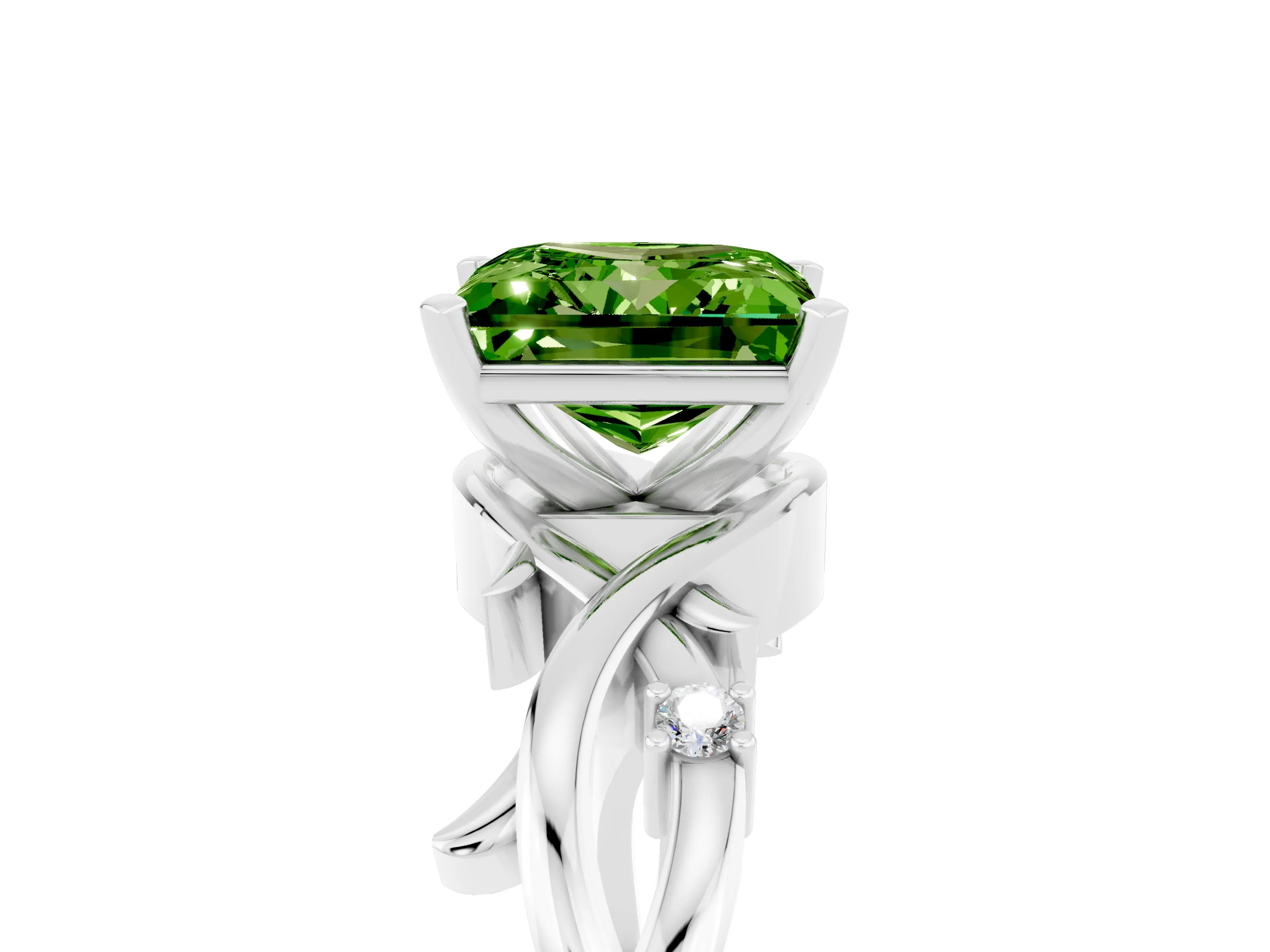 White gold Princess Cut Peridot Solitaire Ring with Twisted Band and Prong Setting_17