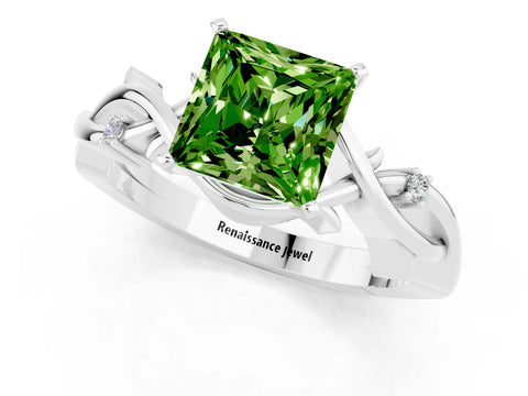 White gold Princess Cut Peridot Solitaire Ring with Twisted Band and Prong Setting_1