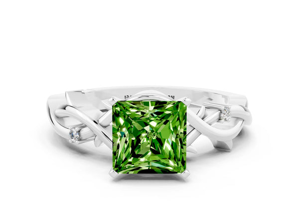 Silver Princess Cut Peridot Solitaire Ring with Twisted Band and Prong Setting