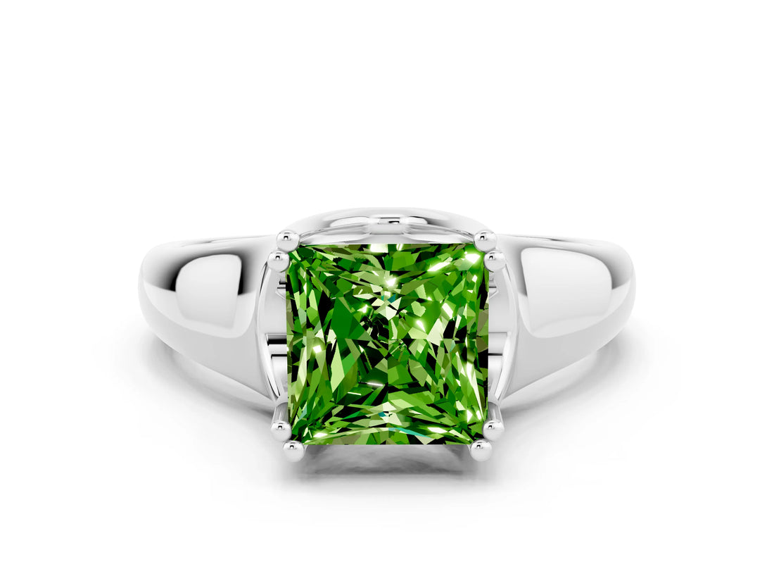 White gold Princess Cut Peridot Solitaire Ring with Wide Band and Prong Setting