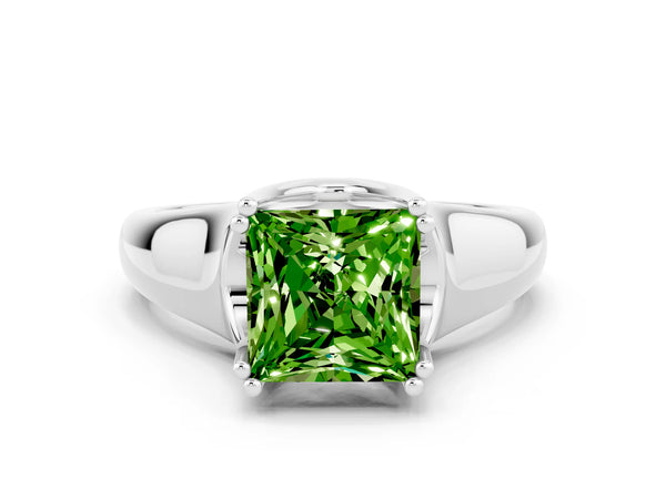 White gold Princess Cut Peridot Solitaire Ring with Wide Band and Prong Setting