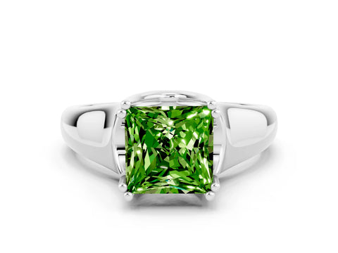 White gold Princess Cut Peridot Solitaire Ring with Wide Band and Prong Setting