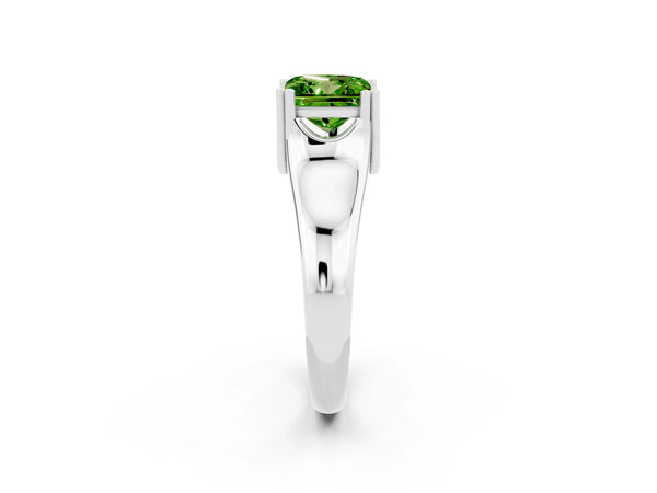 Silver Princess Cut Peridot Solitaire Ring with Wide Band and Prong Setting