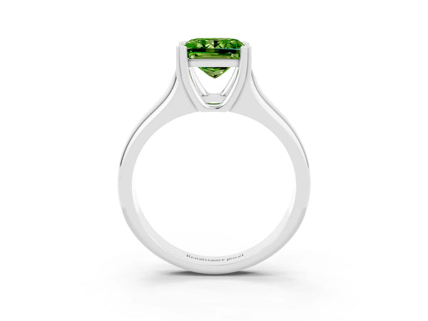 White gold Princess Cut Peridot Solitaire Ring with Wide Band and Prong Setting