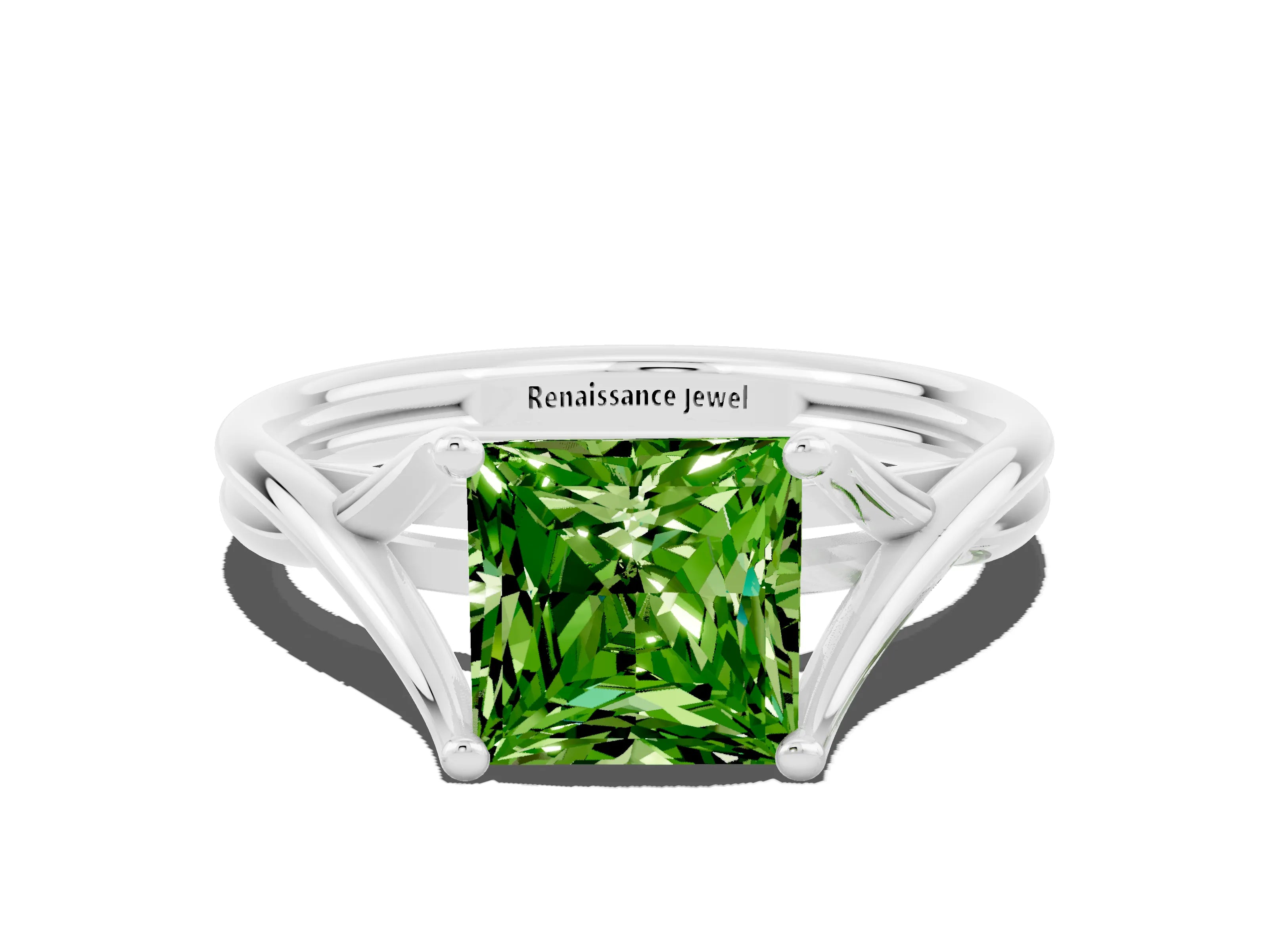 White gold Princess Cut Peridot Solitaire Twist Band Prong Setting Ring_45