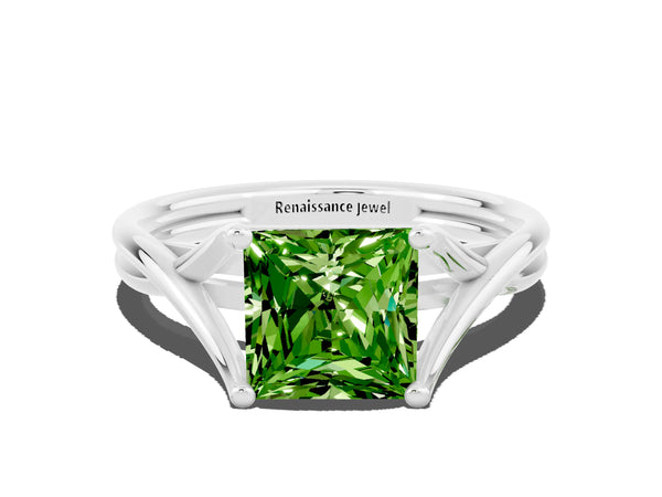 Silver Princess Cut Peridot Solitaire Twist Band Prong Setting Ring