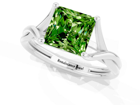 White gold Princess Cut Peridot Solitaire Twist Band Prong Setting Ring_46