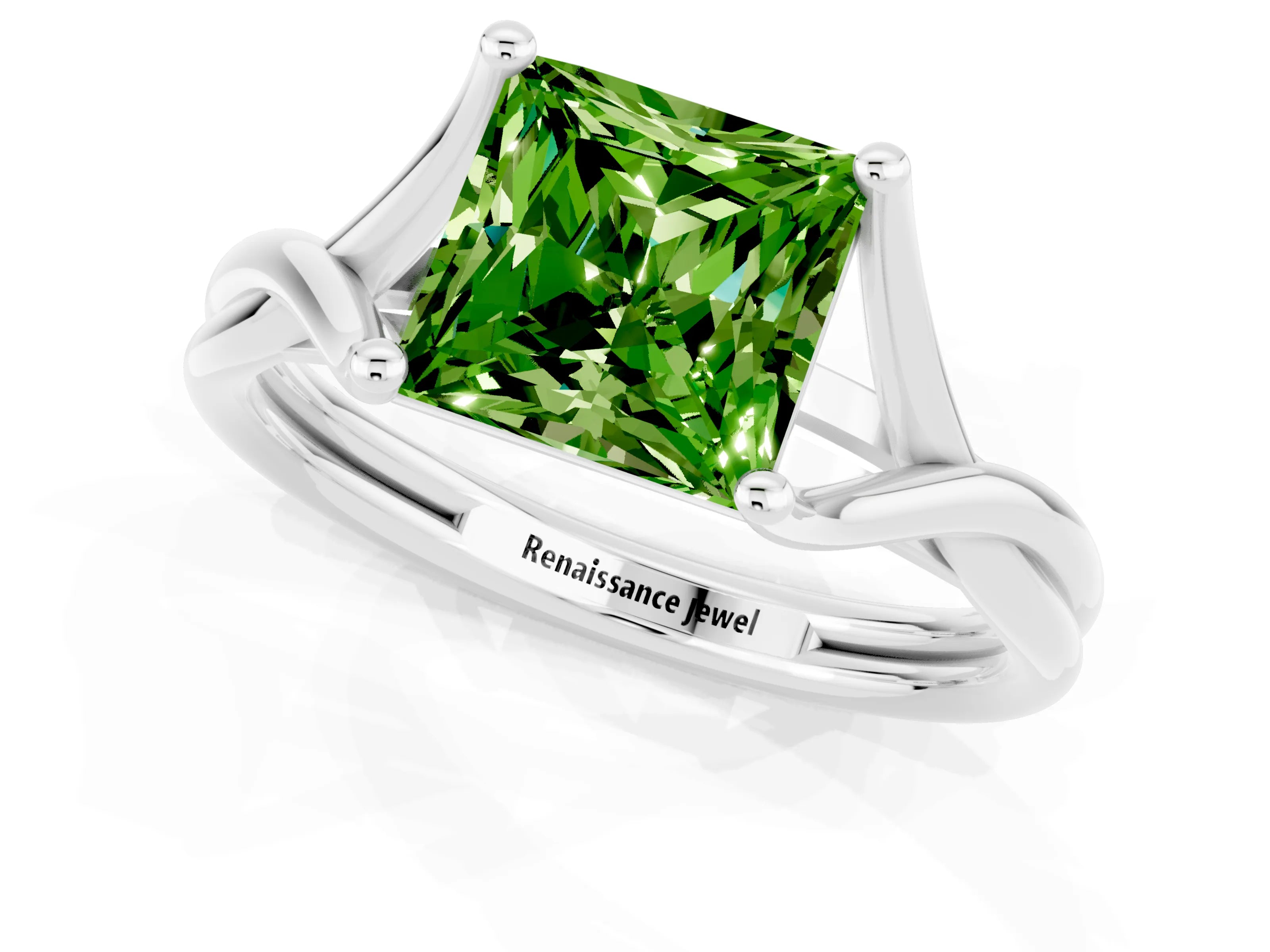 White gold Princess Cut Peridot Solitaire Twist Band Prong Setting Ring_48