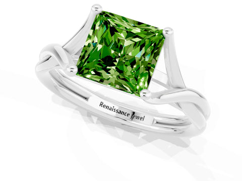 White gold Princess Cut Peridot Solitaire Twist Band Prong Setting Ring_61