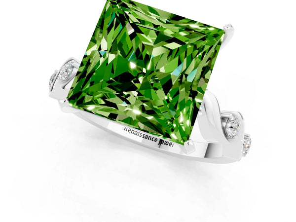 Platinum Princess Cut Peridot Solitaire Twisted Band with Round  Accents and Prong Setting