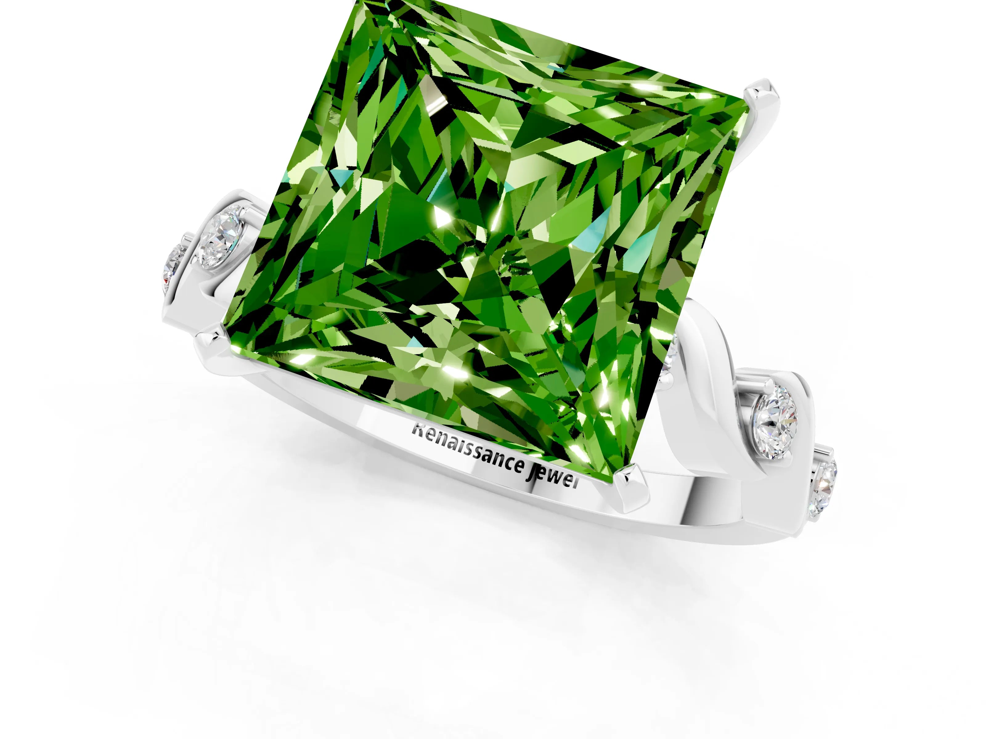 White gold Princess Cut Peridot Solitaire Twisted Band with Round  Accents and Prong Setting_13