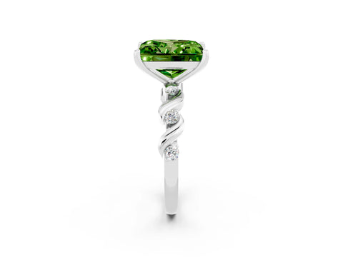 White gold Princess Cut Peridot Solitaire Twisted Band with Round  Accents and Prong Setting_14