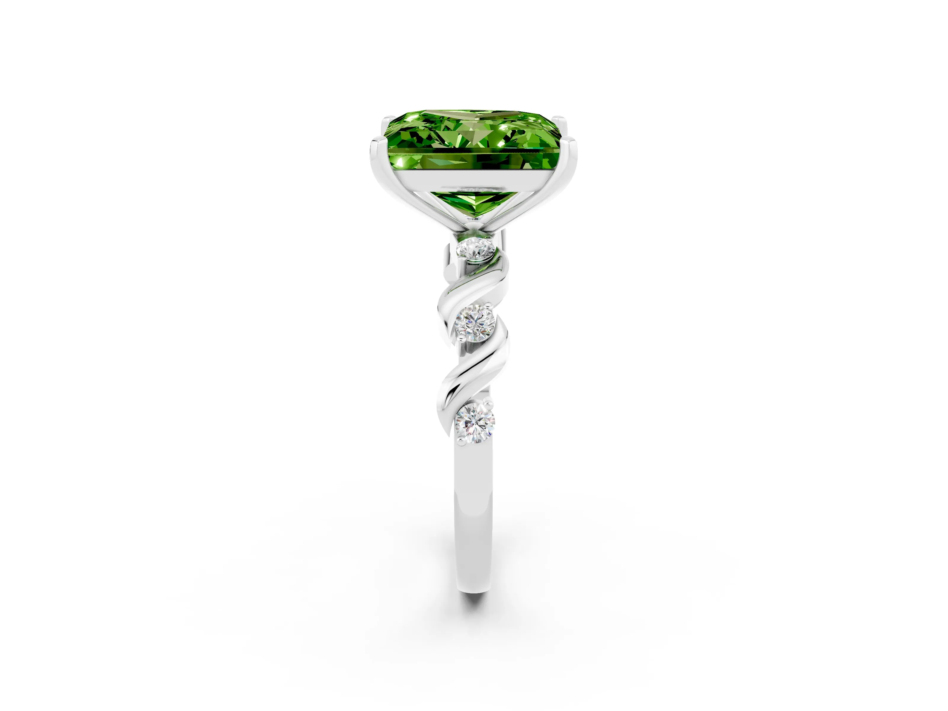 White gold Princess Cut Peridot Solitaire Twisted Band with Round  Accents and Prong Setting_14